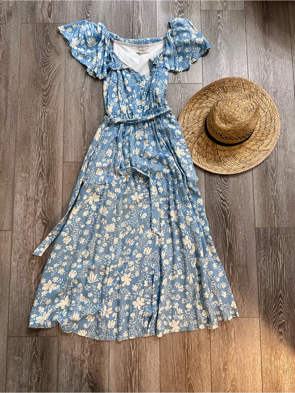 Sky Blue Floral Wrap Maxi Dress with Tie Waist